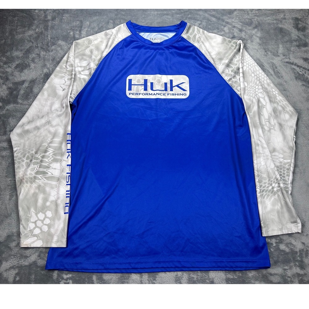 Huk Performance Fishing Kids Large L Long Sleeve Shirt Blue Camo Yeti Logo